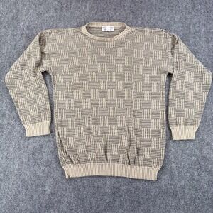 Boca Classics Sweater Mens Large Beige Gray Geometric‎ Knit Pullover 3D USA 90s